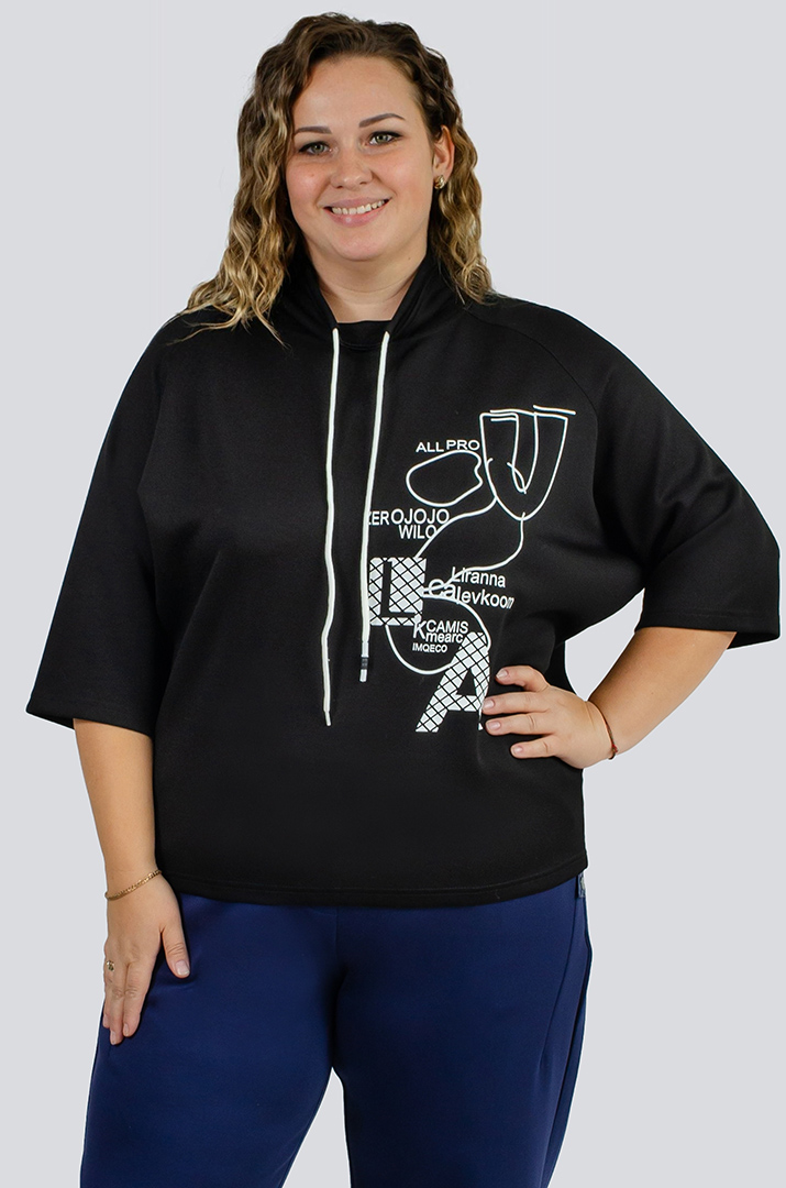 Свитшот черный со шнуровкой больших размеров