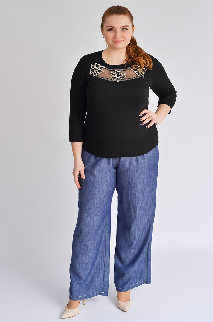 Лонгслів чорний з сіткою та декором великих розмірів