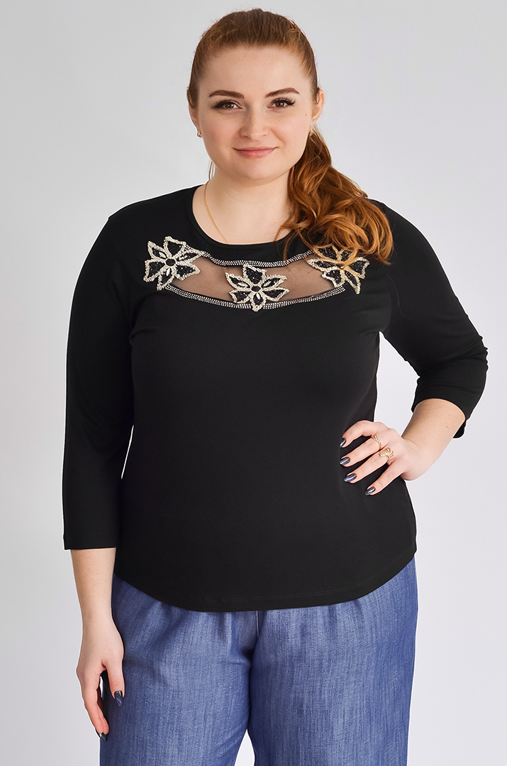 Лонгслів чорний з сіткою та декором великих розмірів