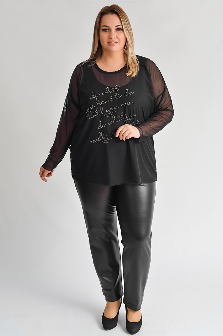 Чорний лонгслів-двійка з написом зі страз великих розмірів