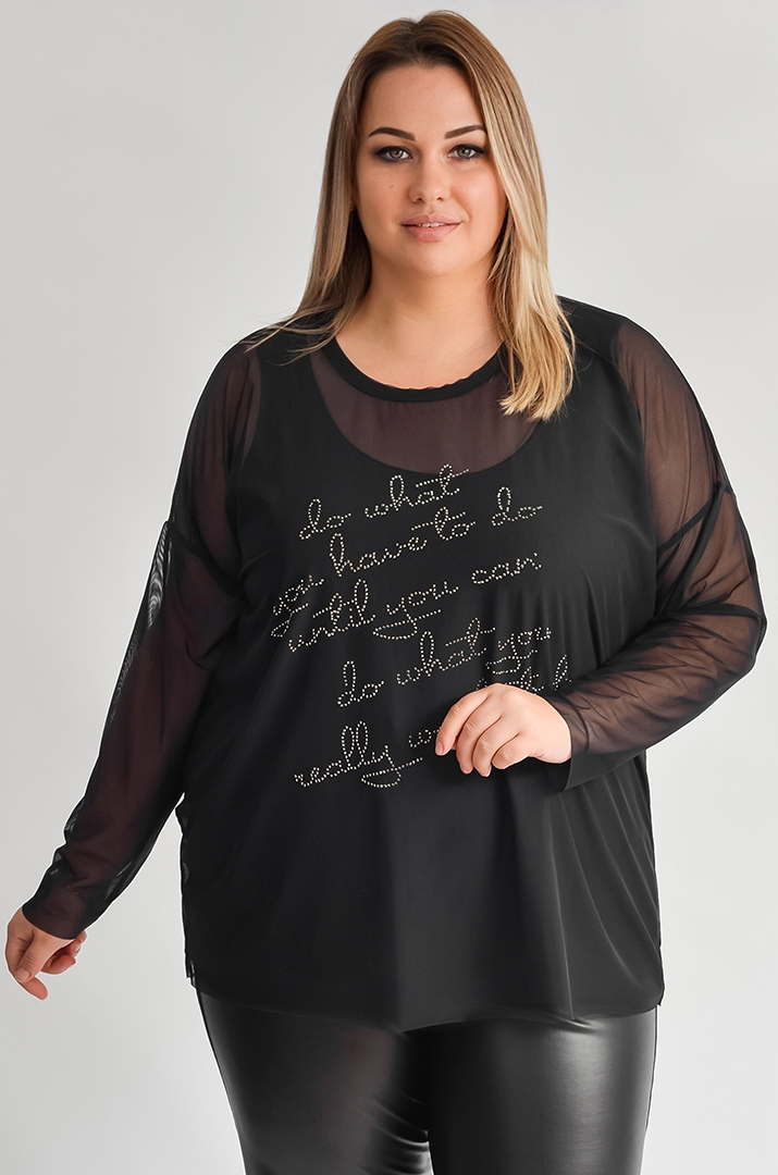 Чорний лонгслів-двійка з написом зі страз великих розмірів