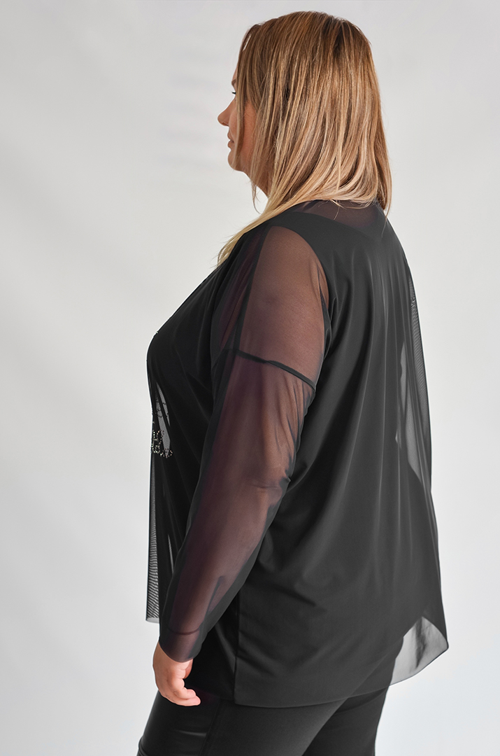 Чорний лонгслів-двійка з написом зі страз великих розмірів