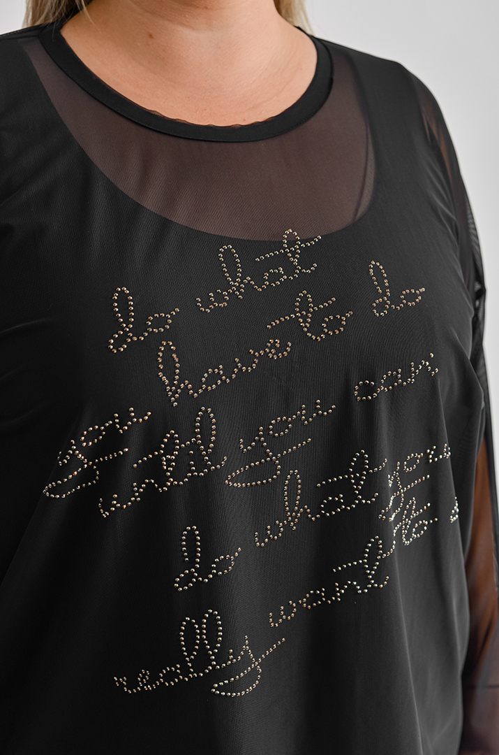 Чорний лонгслів-двійка з написом зі страз великих розмірів