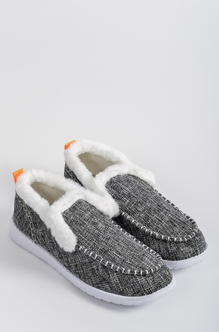 Сірі текстильні мокасини з екохутром великих розмірів