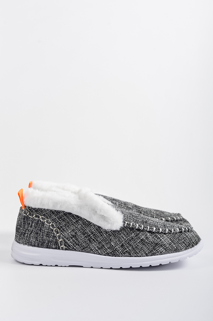 Сірі текстильні мокасини з екохутром великих розмірів