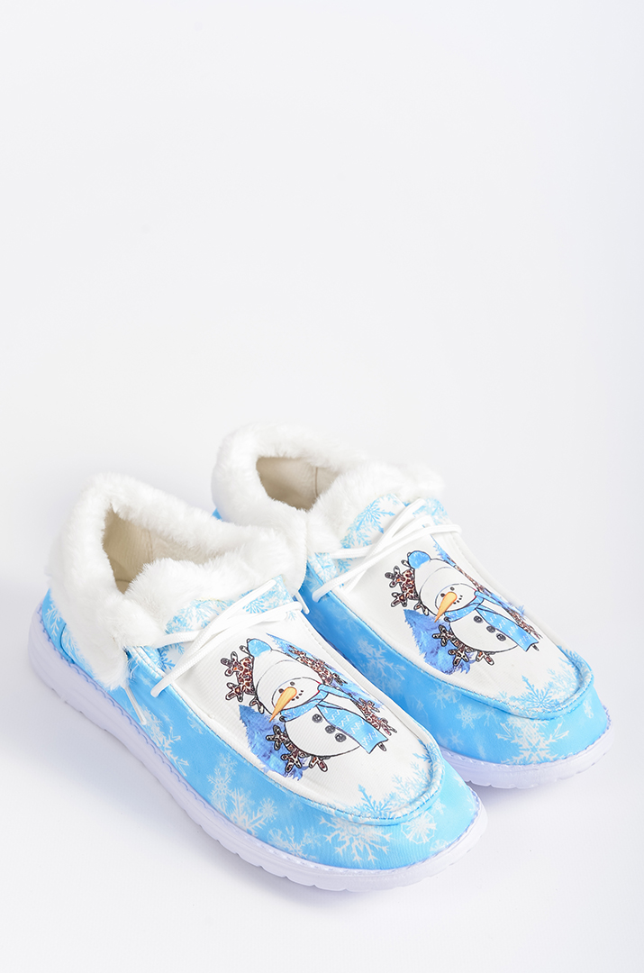 Мокасини текстильні з принтом сніговика і екохутром великих розмірів