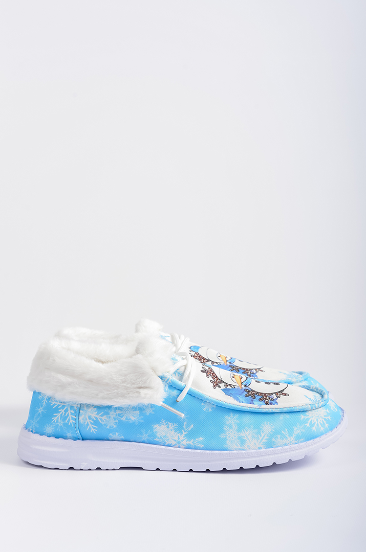 Мокасини текстильні з принтом сніговика і екохутром великих розмірів
