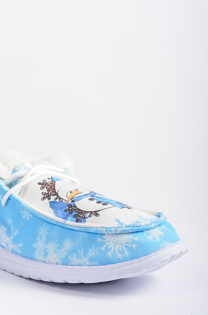 Мокасини текстильні з принтом сніговика і екохутром великих розмірів