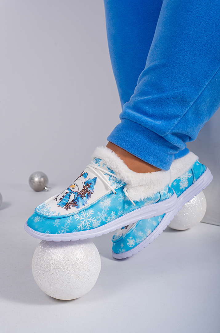 Мокасини текстильні з принтом сніговика і екохутром великих розмірів