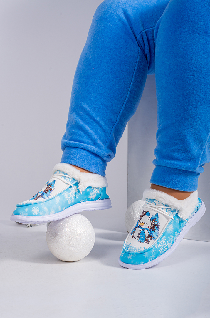 Мокасини текстильні з принтом сніговика і екохутром великих розмірів