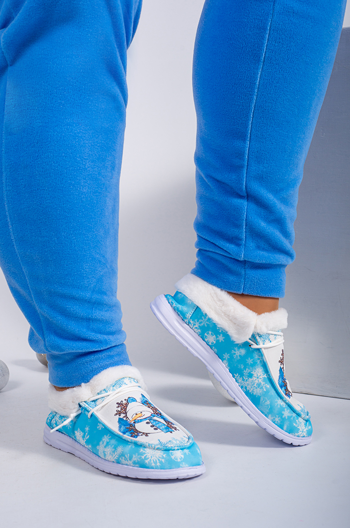 Мокасини текстильні з принтом сніговика і екохутром великих розмірів