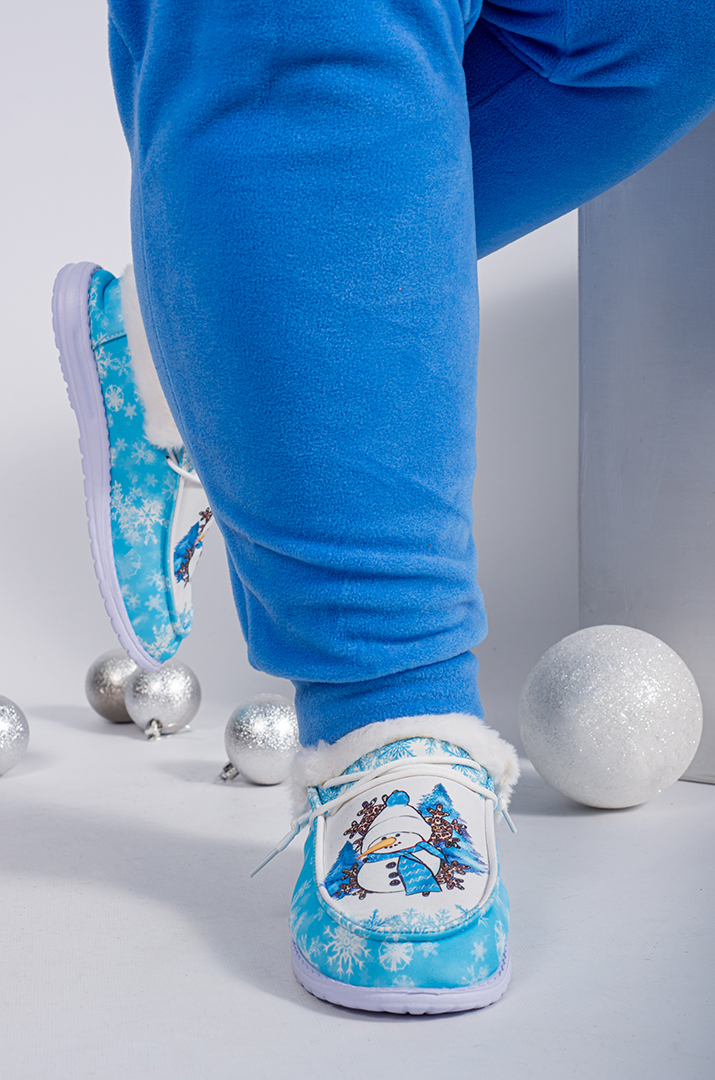 Мокасини текстильні з принтом сніговика і екохутром великих розмірів