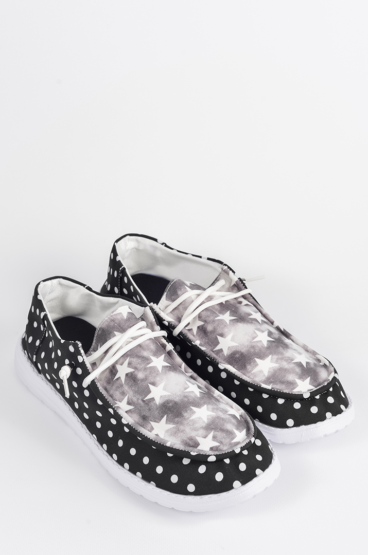 Мокасини з комбінованим візерунком в горох та зірки великих розмірів