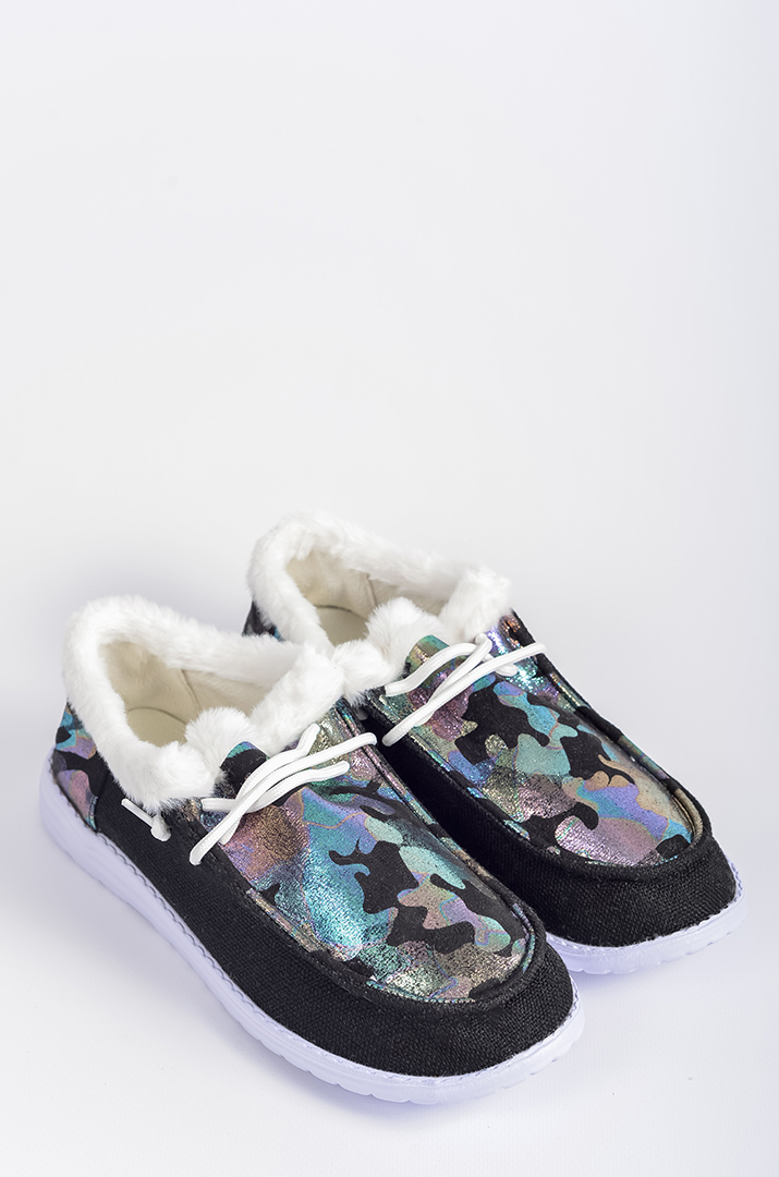 Мокасини текстильні з кольоровим принтом і екохутром великих розмірів