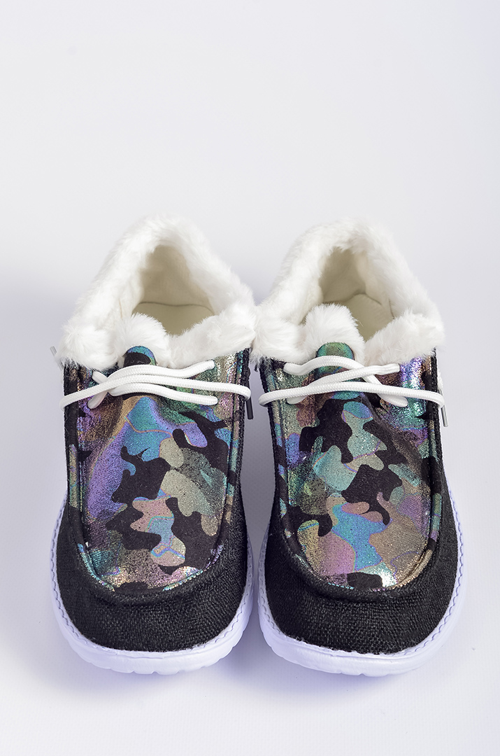 Мокасини текстильні з кольоровим принтом і екохутром великих розмірів