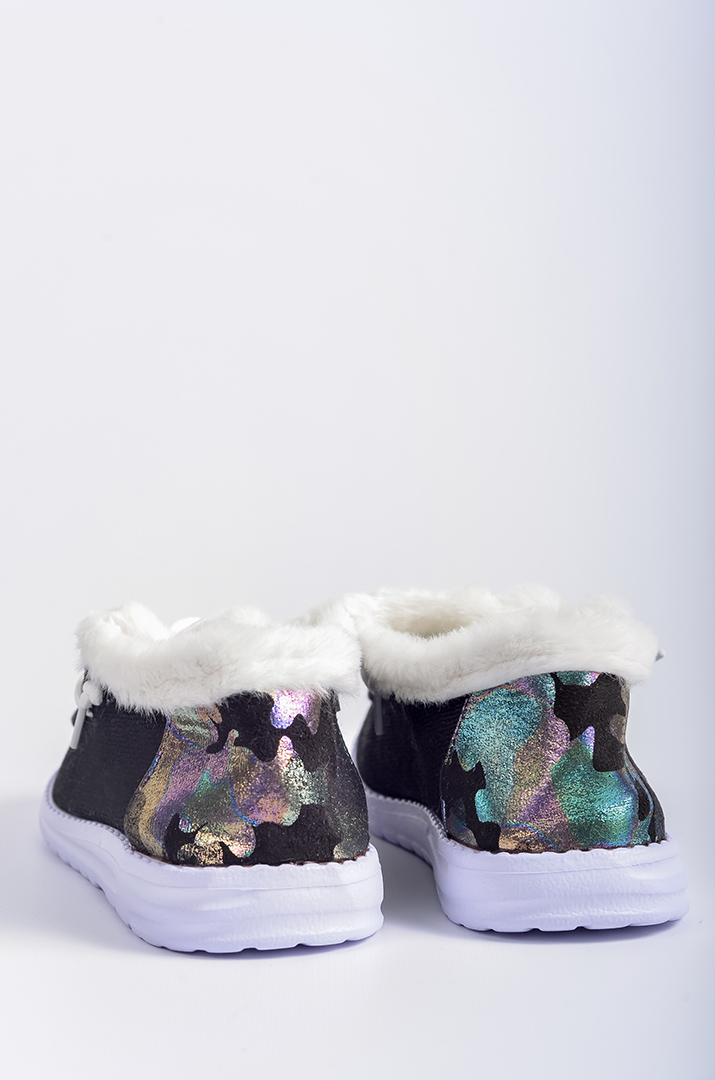 Мокасини текстильні з кольоровим принтом і екохутром великих розмірів