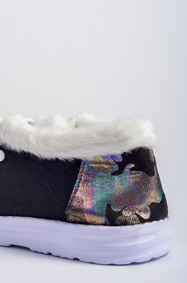 Мокасини текстильні з кольоровим принтом і екохутром великих розмірів