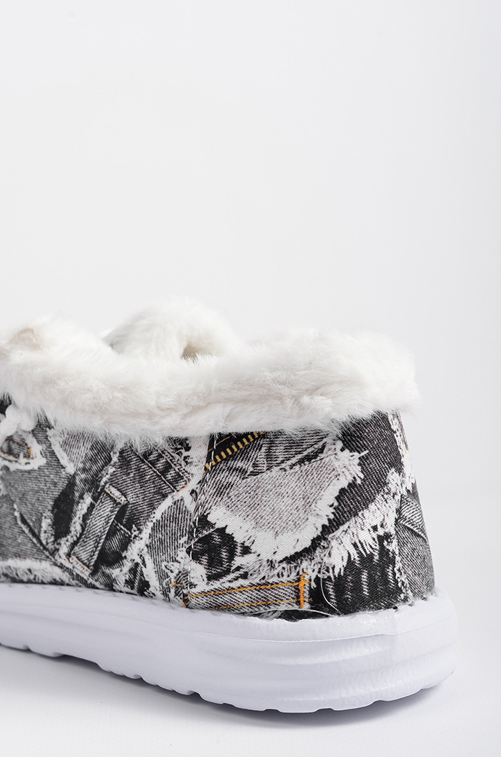 Мокасини текстильні з абстрактним принтом і екохутром великих розмірів