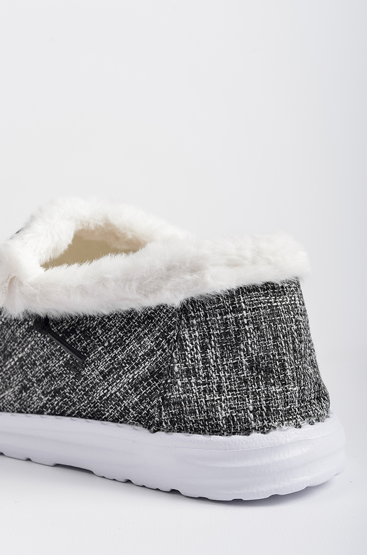 Мокасини текстильні в сіро-чорному кольорі і екохутром великих розмірів