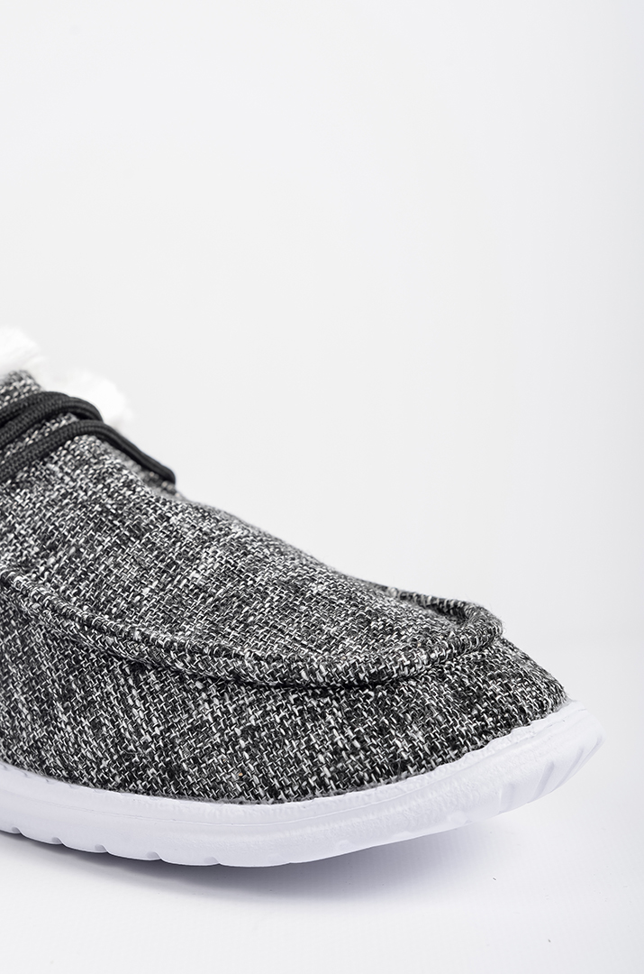 Мокасини текстильні в сіро-чорному кольорі і екохутром великих розмірів