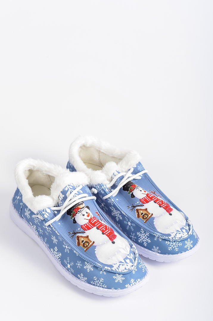 Мокасини текстильні кольору денім із зимовим принтом  і екохутром великих розмірів
