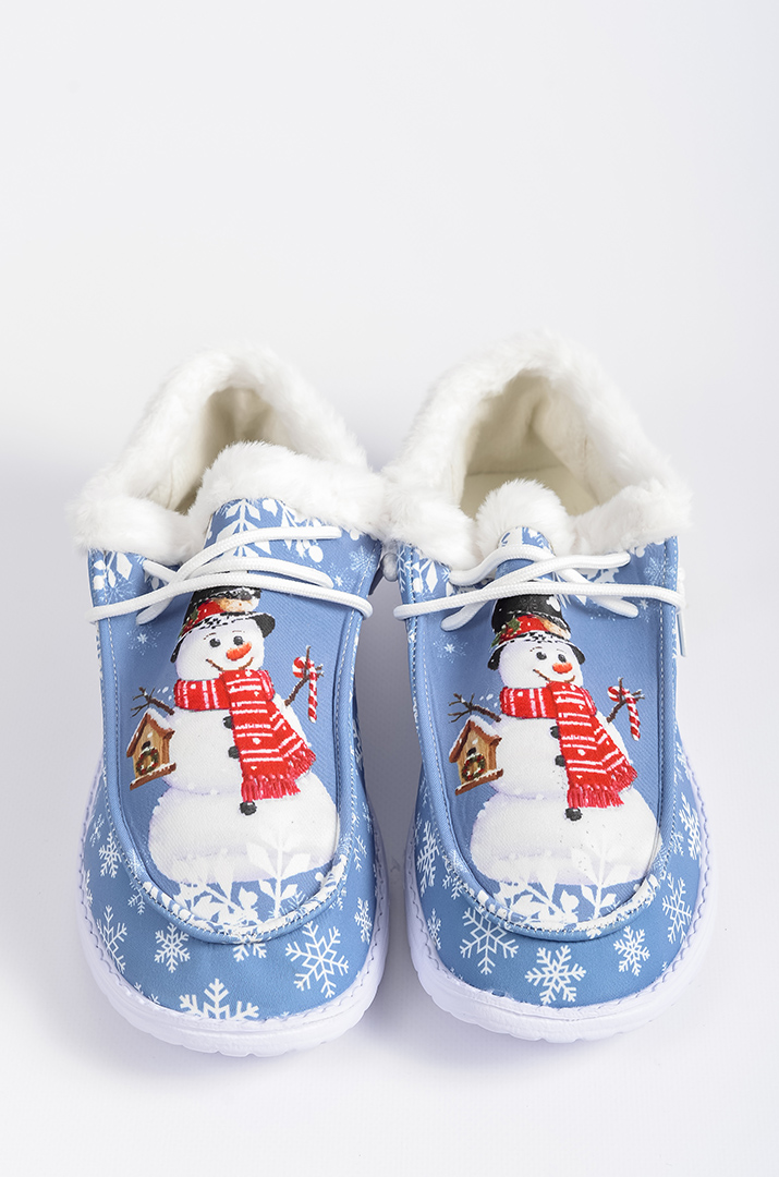 Мокасини текстильні кольору денім із зимовим принтом  і екохутром великих розмірів