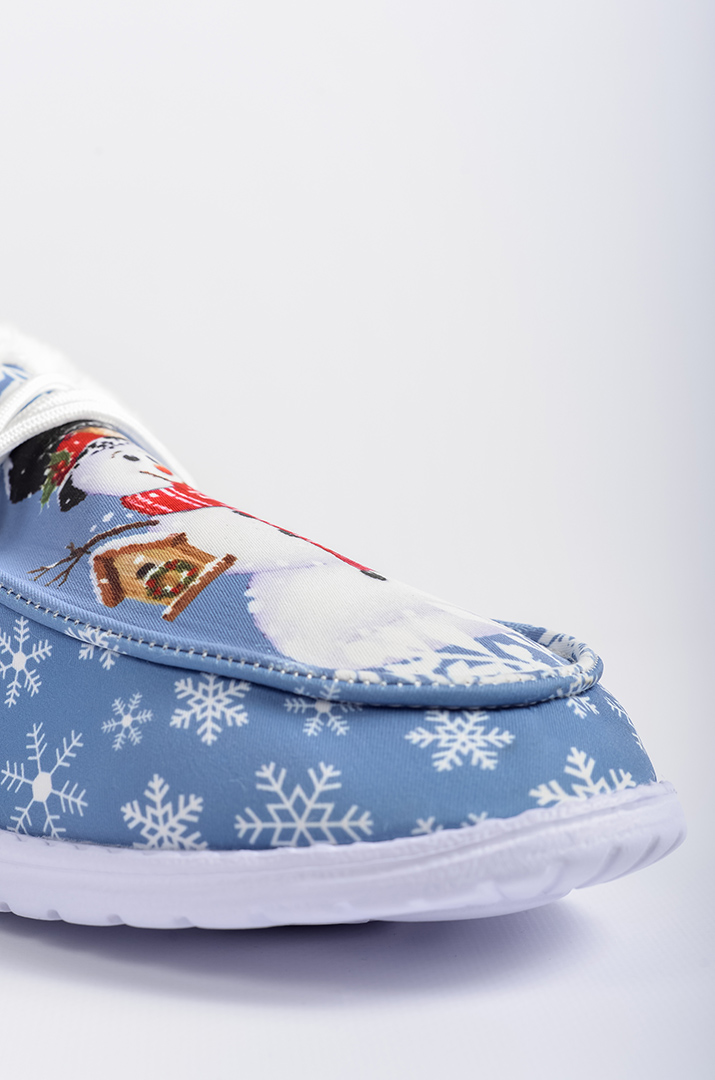 Мокасини текстильні кольору денім із зимовим принтом  і екохутром великих розмірів