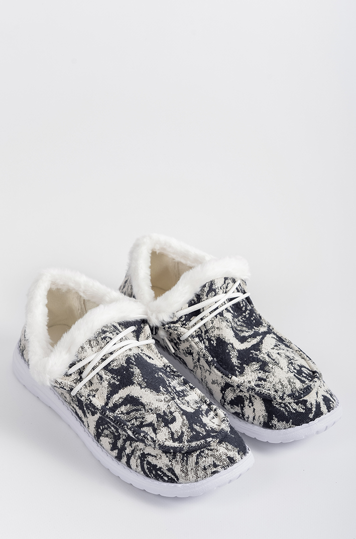 Мокасини з чорно-білим принтом і екохутром великих розмірів
