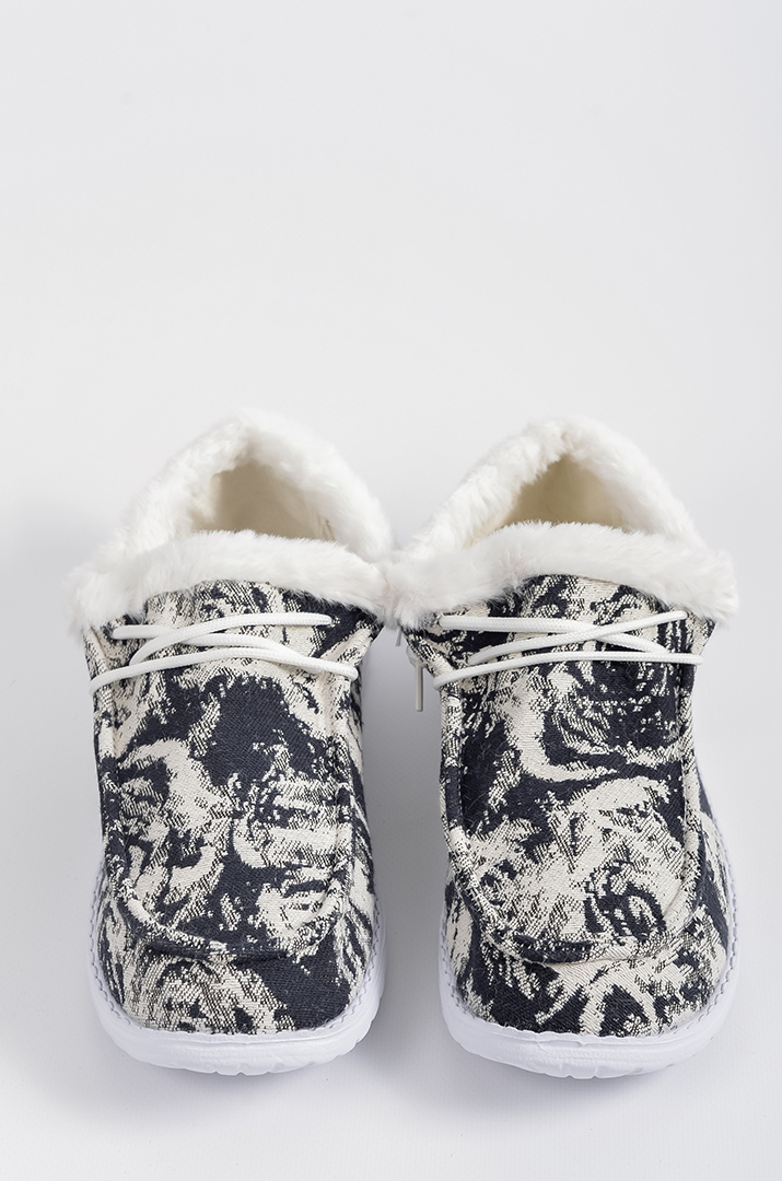 Мокасини з чорно-білим принтом і екохутром великих розмірів