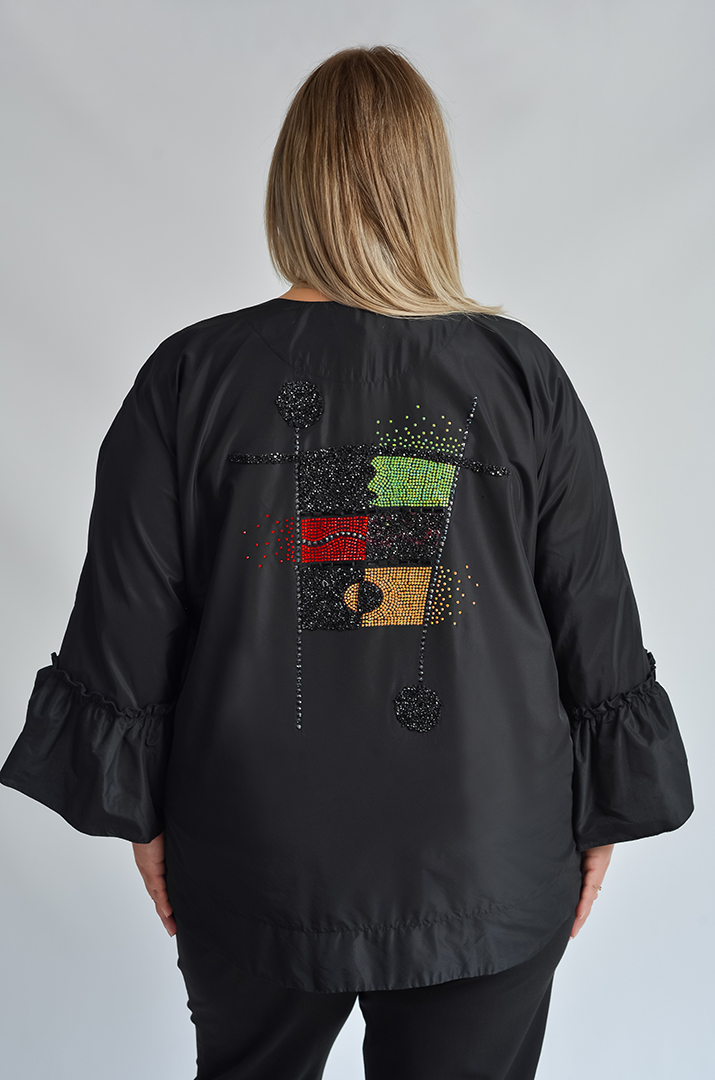 Жакет з рюшами і декоративним малюнком зі стразів великих розмірів