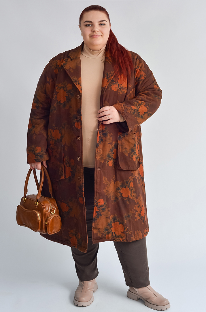 Пальто з квітковим принтом і накладними кишенями великих розмірів