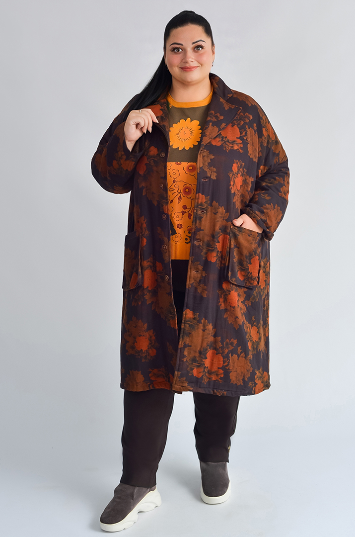 Пальто з квітковим принтом і накладними кишенями великих розмірів