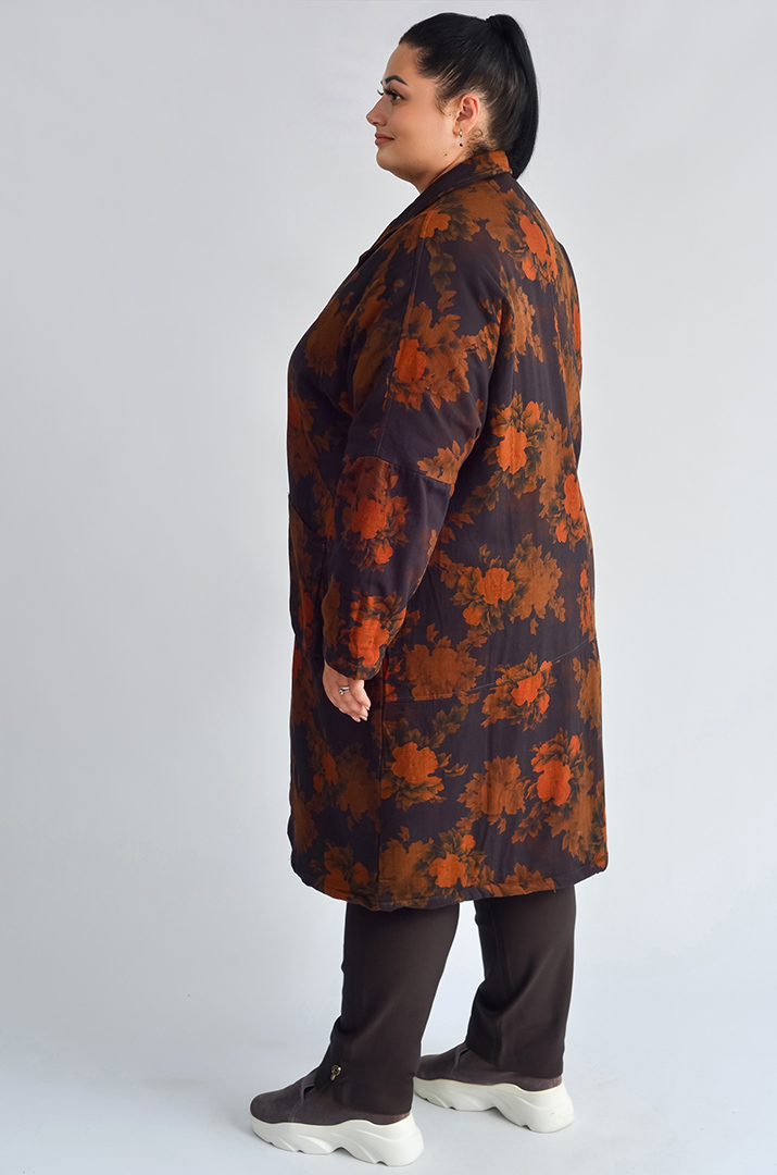 Пальто з квітковим принтом і накладними кишенями великих розмірів