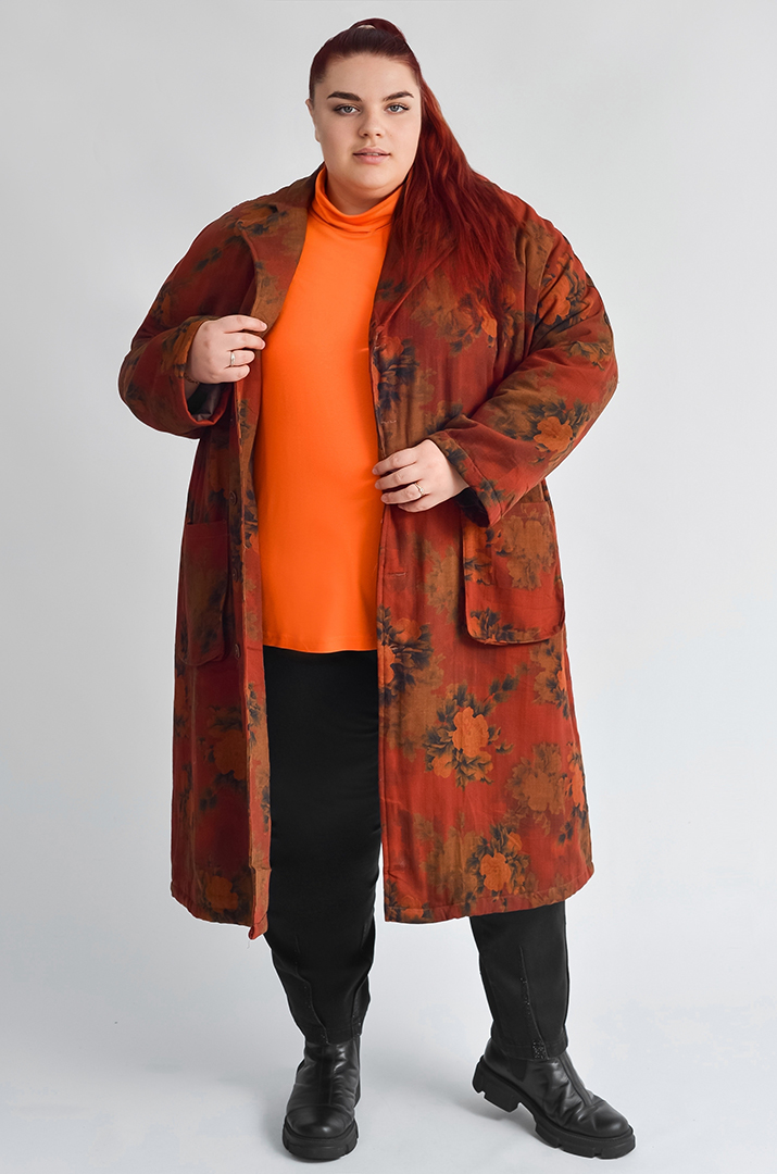 Пальто з квітковим принтом і накладними кишенями великих розмірів