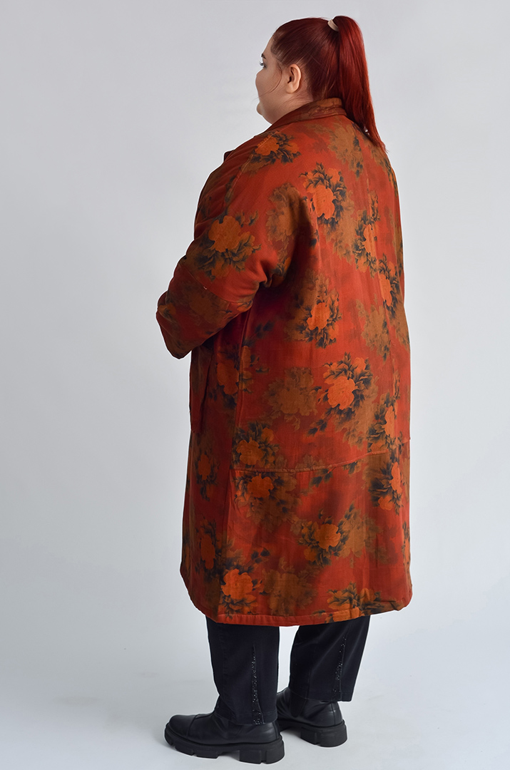 Пальто з квітковим принтом і накладними кишенями великих розмірів