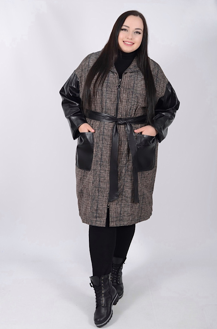 Плащ с поясом со вставками из эко-кожи супер батал