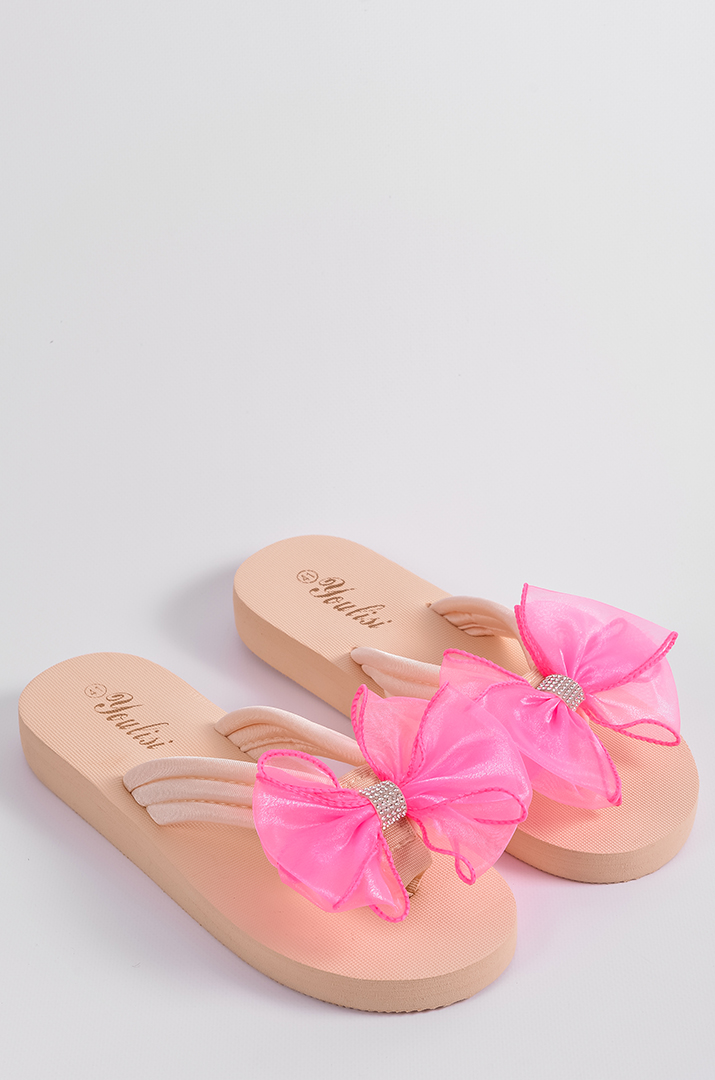 Вʼєтнамки в бежевому кольорі з рожевим бантом великих розмірів