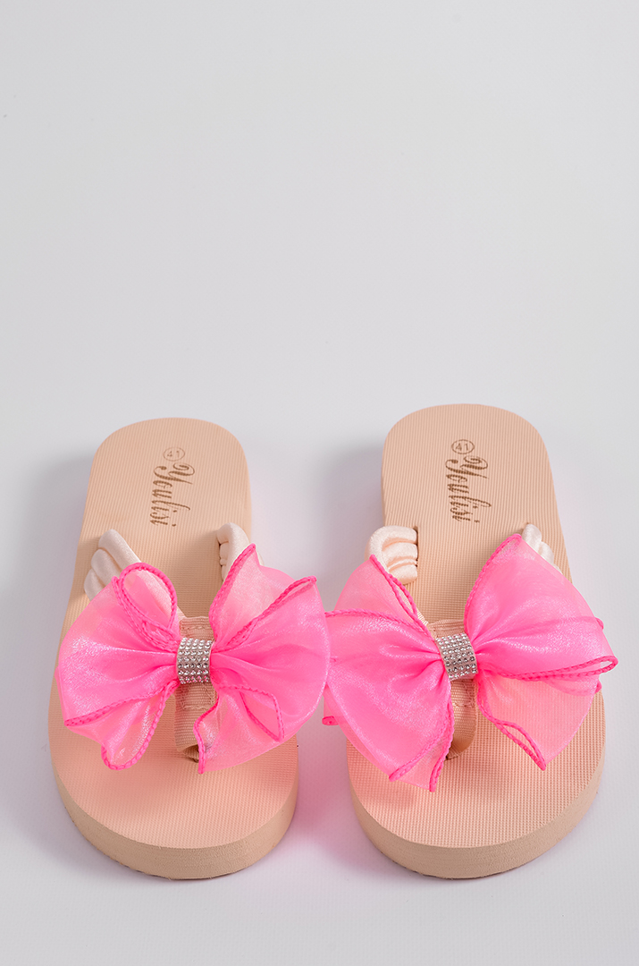 Вʼєтнамки в бежевому кольорі з рожевим бантом великих розмірів