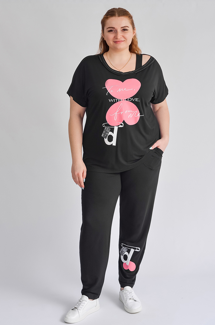 Чорний прогулянковий костюм з рожево-білим принтом великих розмірів