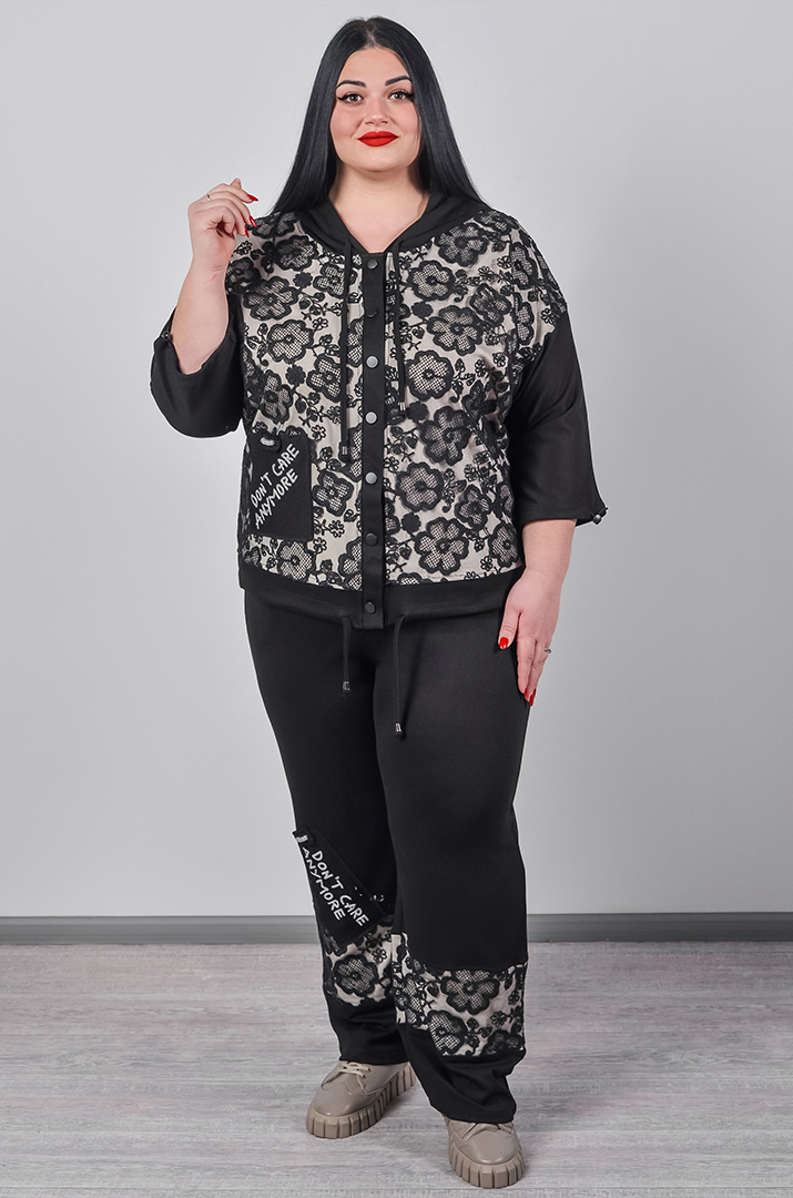 Прогулянковий костюм в чорно-бежевих кольорах з гіпюровимим вставками великих розмірів