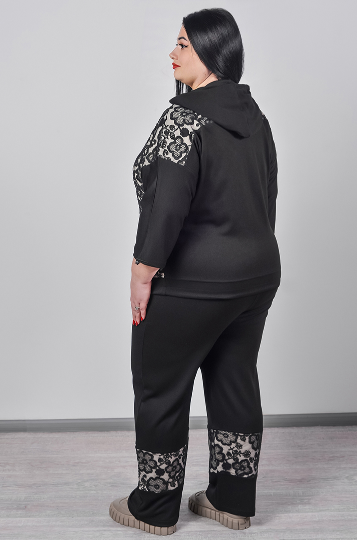 Прогулянковий костюм в чорно-бежевих кольорах з гіпюровимим вставками великих розмірів