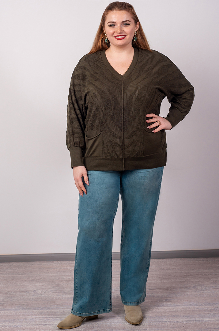 Пуловер з фактурним візерунком і накладними кишенями великих розмірів