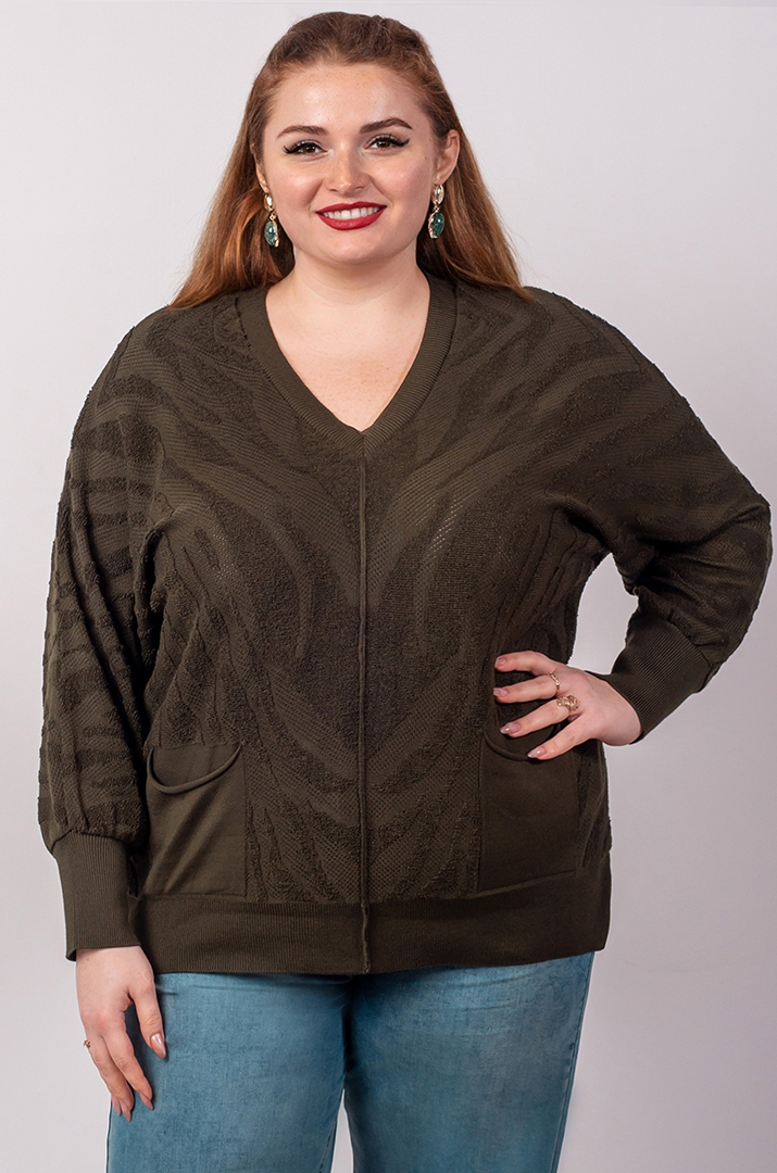 Пуловер з фактурним візерунком і накладними кишенями великих розмірів