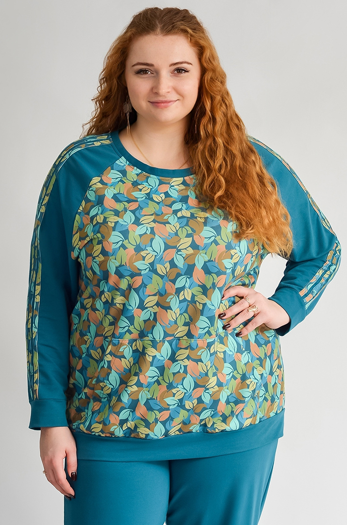 Світшот з художнім принтом листочків та рукавами реглан великих розмірів