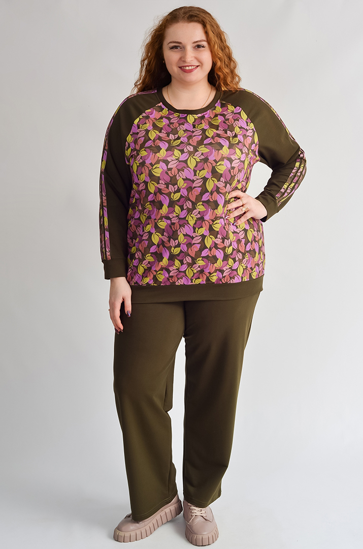 Світшот з художнім принтом листочків та рукавами реглан великих розмірів