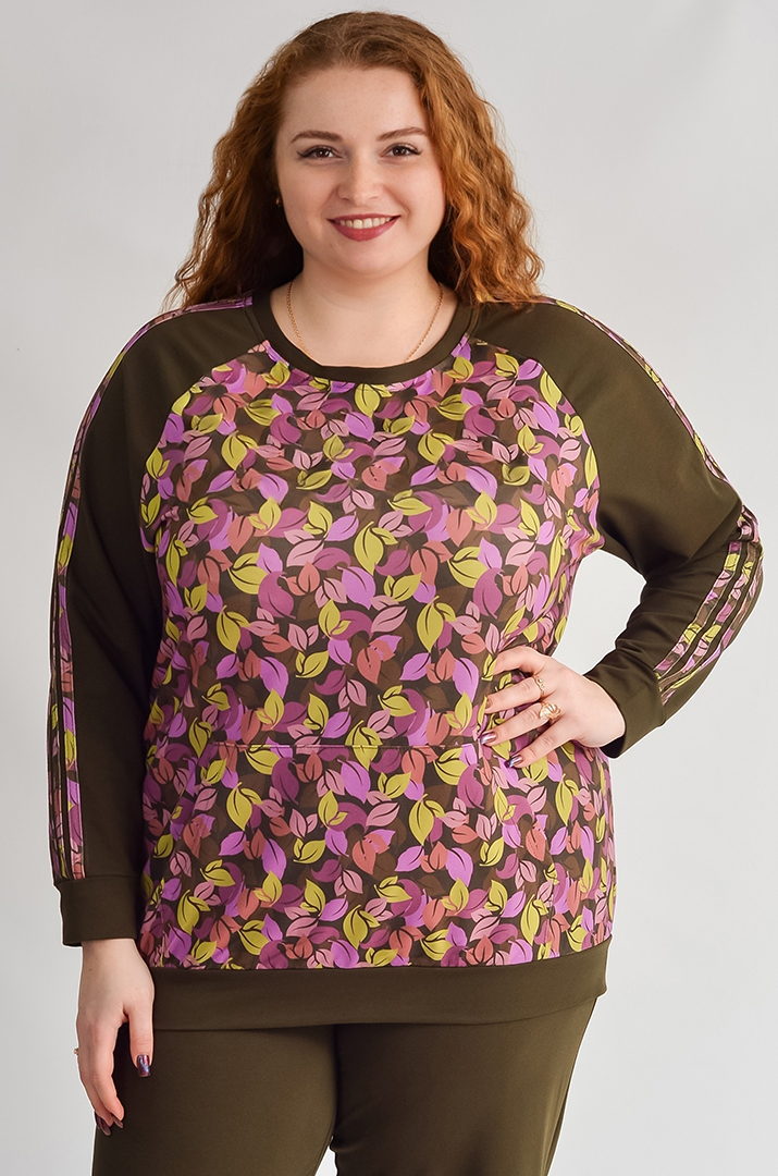 Світшот з художнім принтом листочків та рукавами реглан великих розмірів