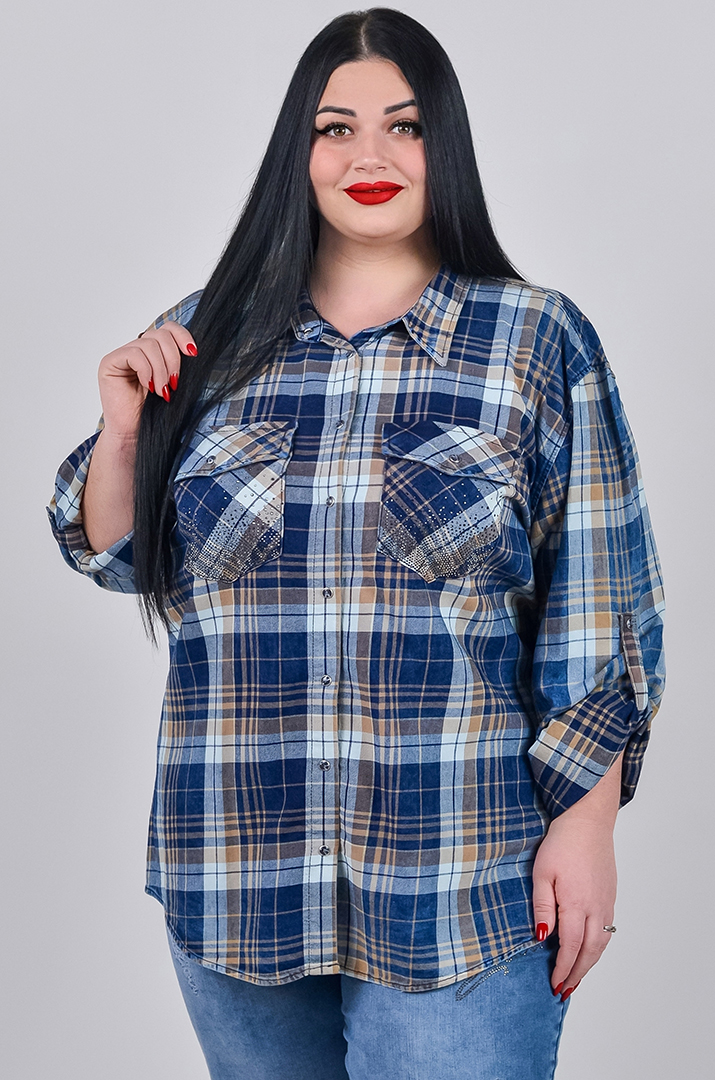 Сорочка довга у синьо-бежеву клітинку великих розмірів