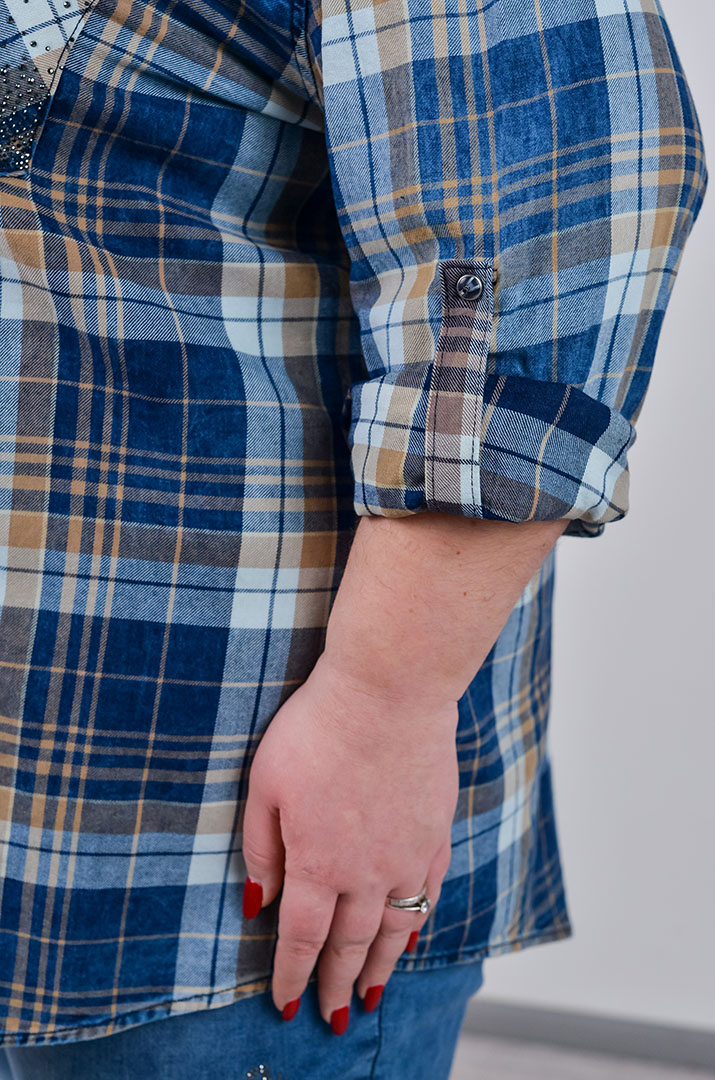 Сорочка довга у синьо-бежеву клітинку великих розмірів