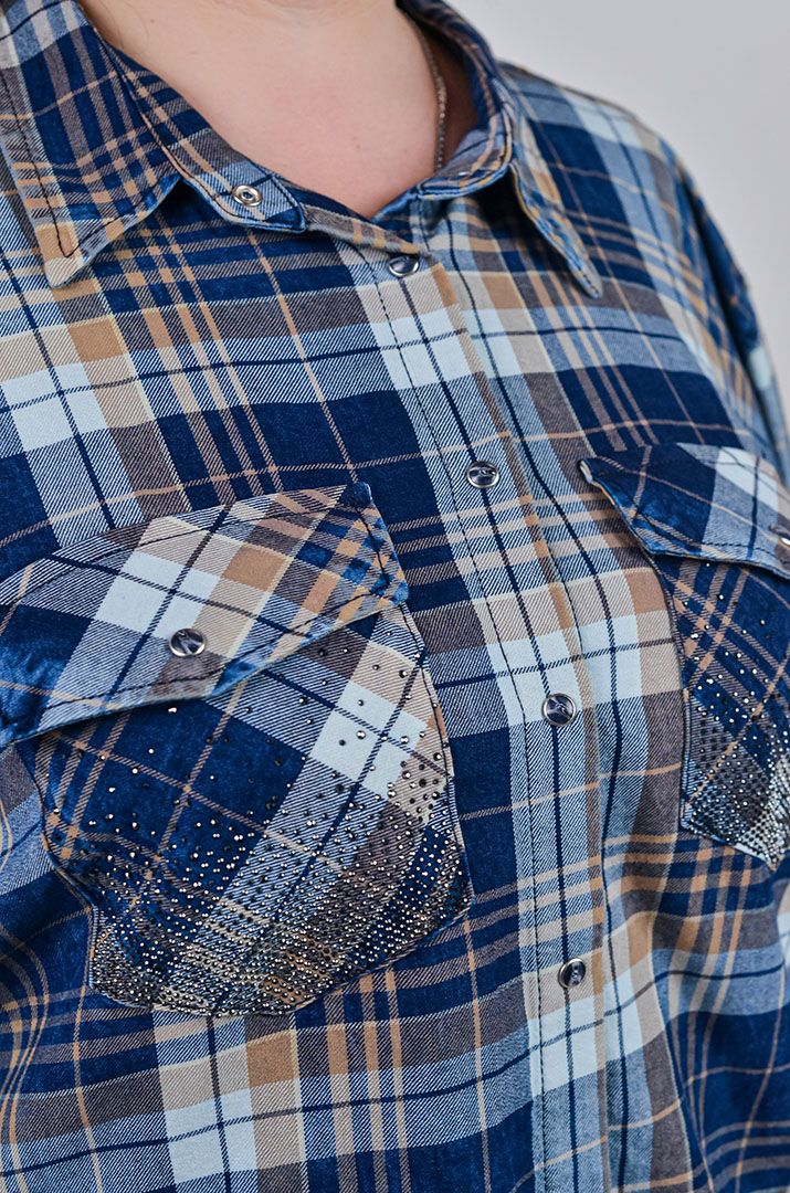 Сорочка довга у синьо-бежеву клітинку великих розмірів