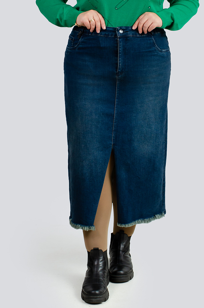 Спідниця міді синя з розрізом великих розмірів